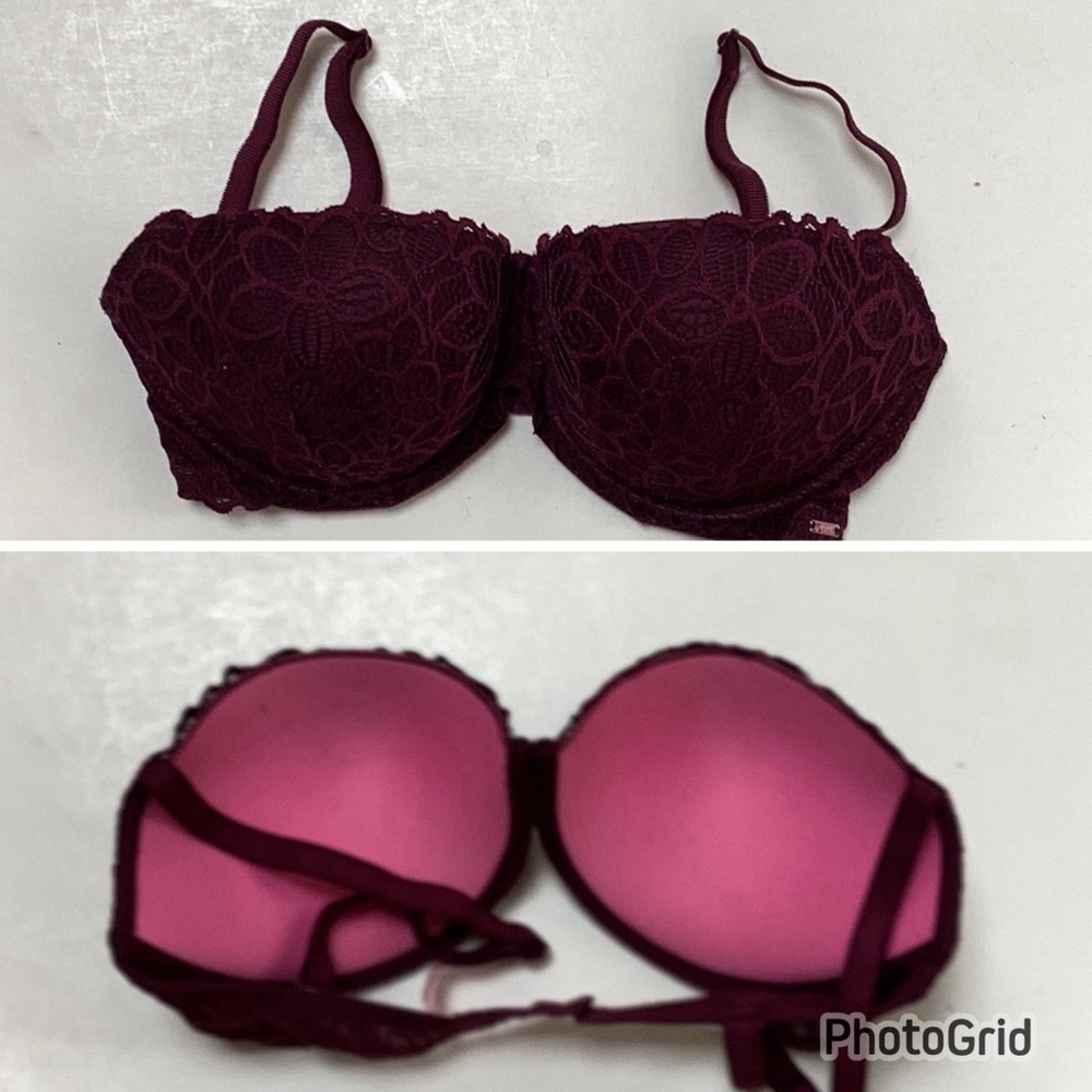 Victoria’s Secret PINK Date Push Up Burgundy Wine Embroidered Lace Bra NWOT‎